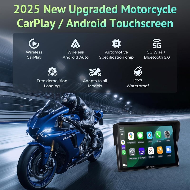 aphqua 5 Inch Motorcycle CarPlay & Android Auto Display – IP67 Waterproof Touchscreen, Dual Bluetooth, TF Card, GPS Navigation, Voice Control, Universal Mount – 522 - Image 5